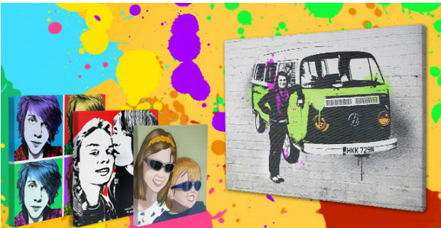 idee-pop-art alcuni esempi di arte pop art personalizzabile con le foto. due bambini, una coppia, una persona vicino ad un furgoncino retrò, tutto in uno sfondo colorato.